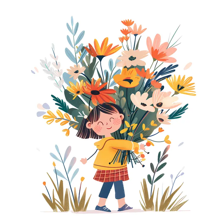 Cute Girl with Colorful Flowers Illustration