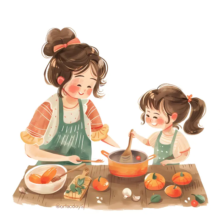Mother and Daughter Cooking Together