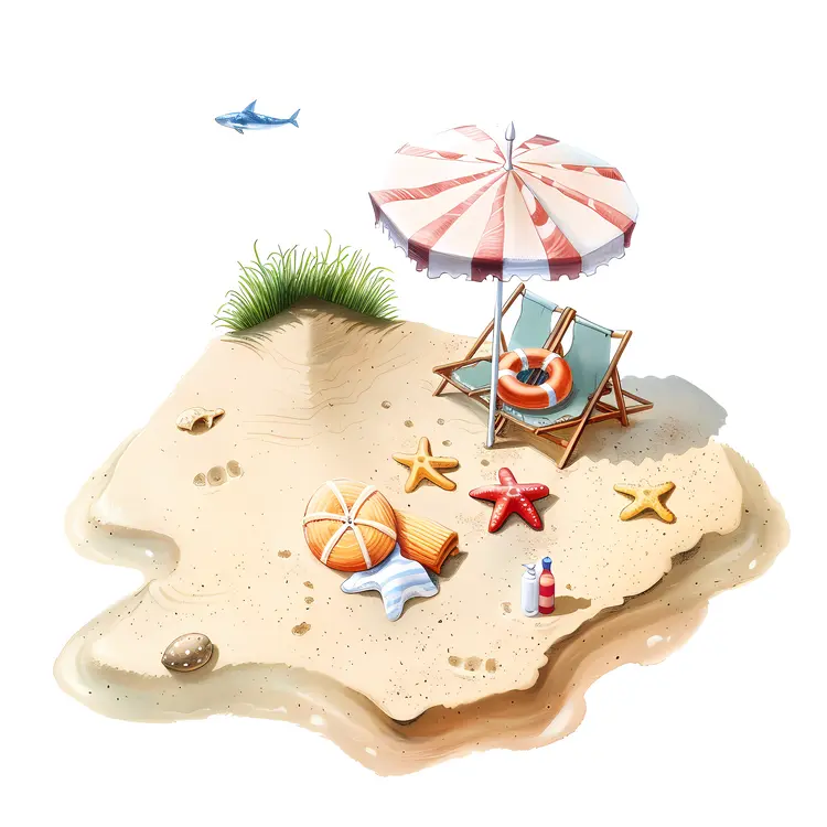 Beach Setup with Umbrella and Starfish