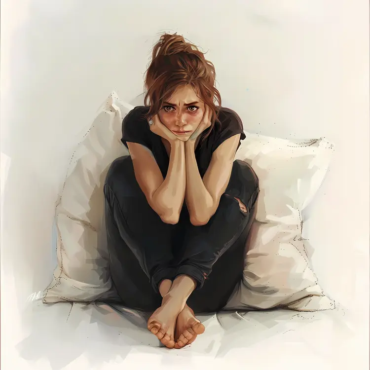 Sad Woman Sitting with Pillow