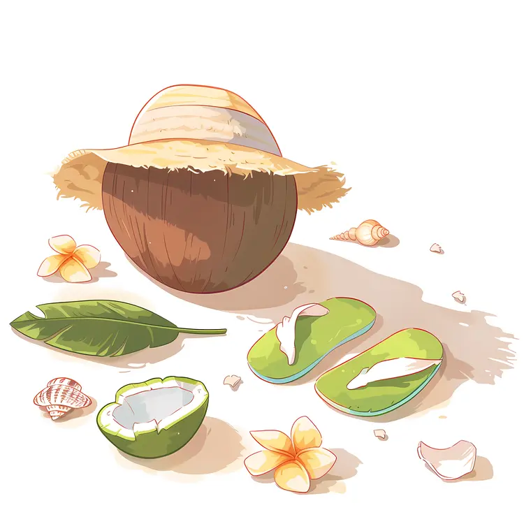 Coconut with Hat and Flowers on Beach