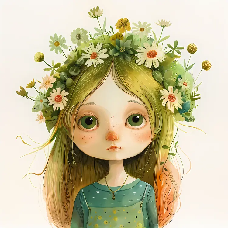 Innocent Girl with Green Floral Crown