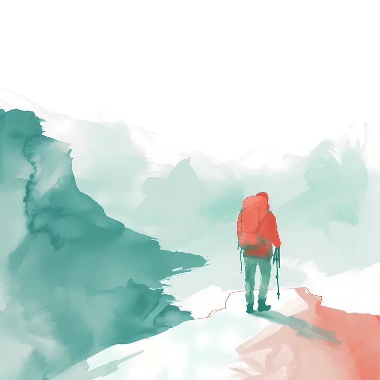 Hiker in Watercolor Landscape with Backpack