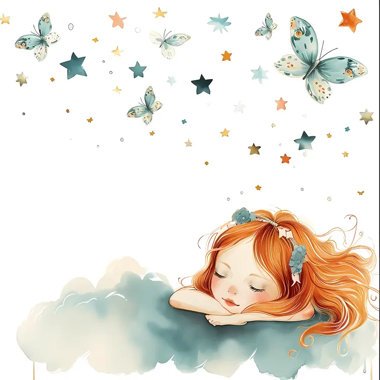 Girl Dreaming with Stars and Butterflies