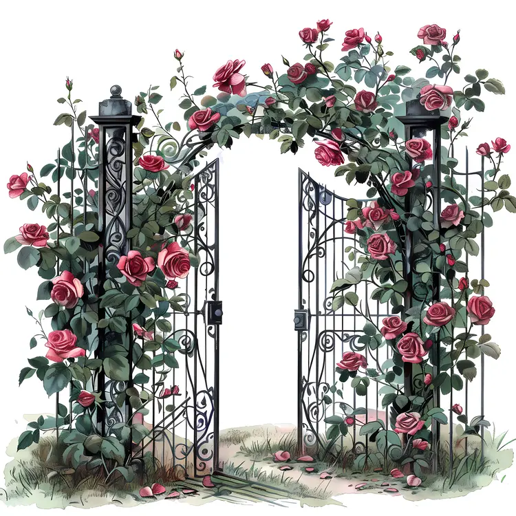Open Iron Gate with Red Roses