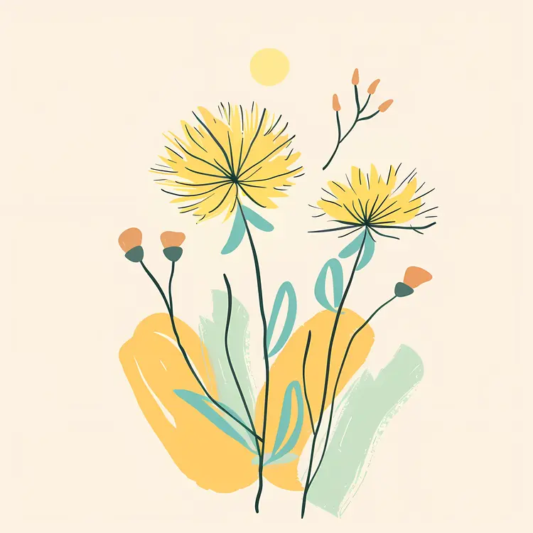 Yellow Flowers Illustration with Green Leaves
