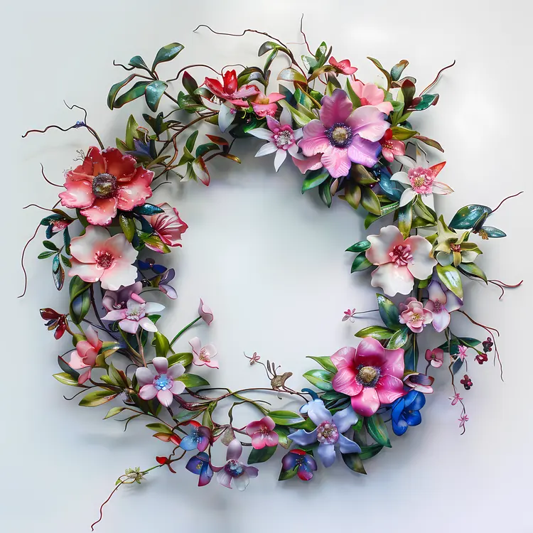Pink and Blue Floral Wreath with Leaves