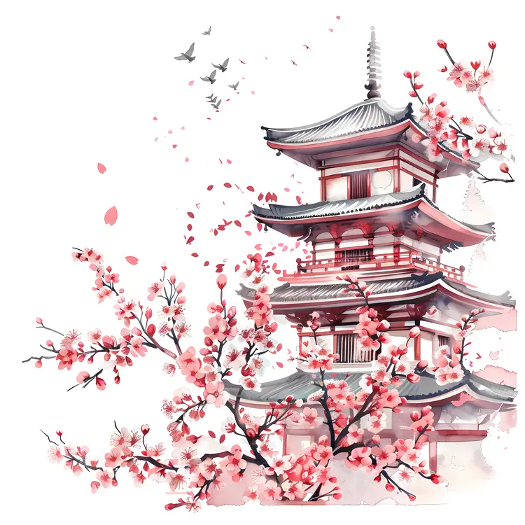 Cherry Blossom and Pagoda with Birds