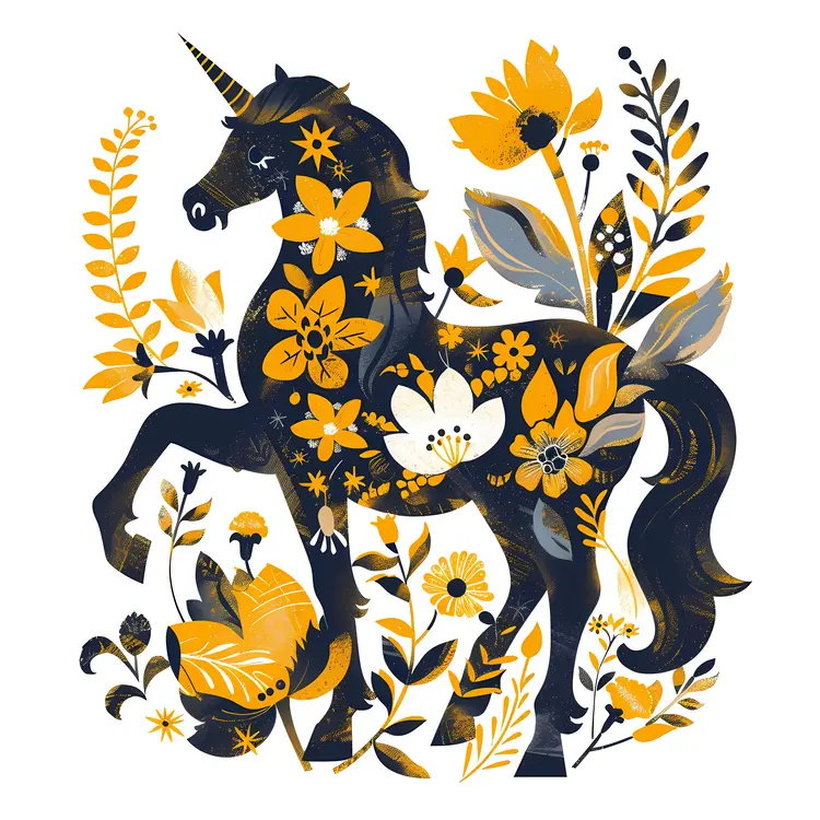 Black Unicorn with Yellow Flowers