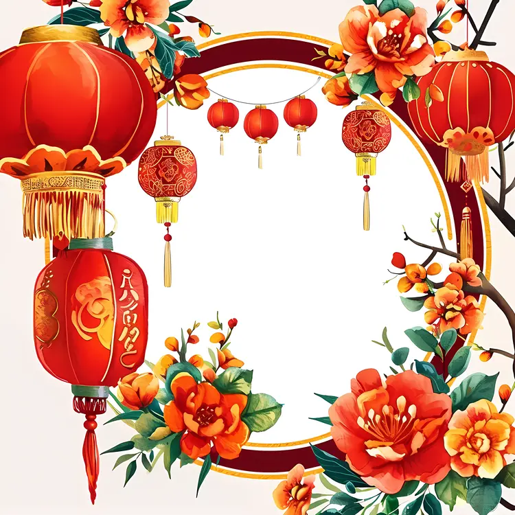 Red Lanterns and Flowers Decorative Frame for Chinese New Year
