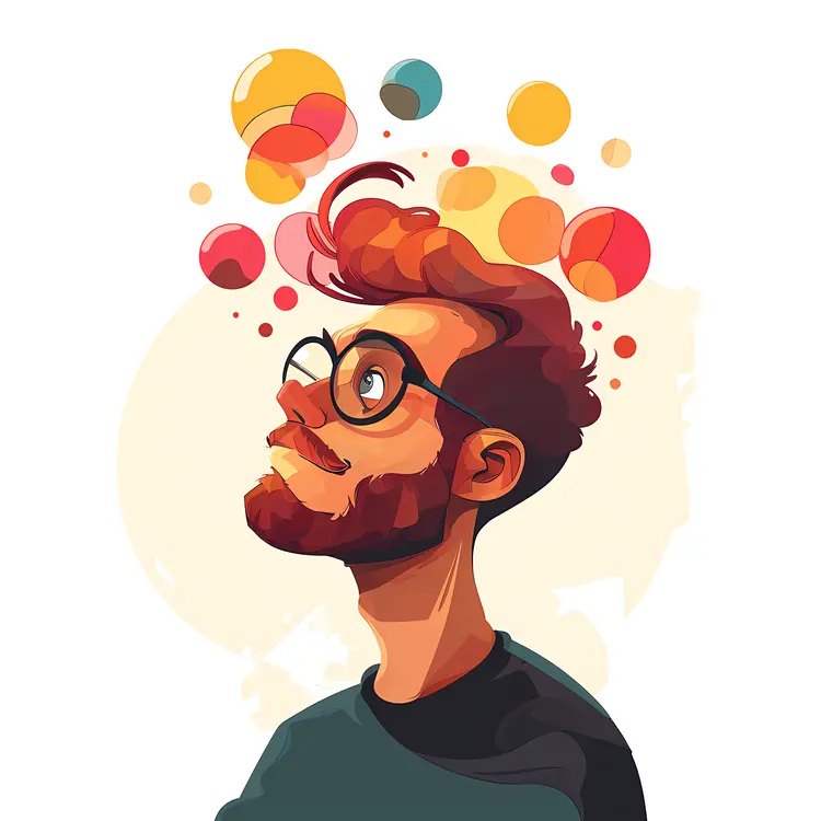 Cartoon Man with Glasses and Colorful Thought Bubbles