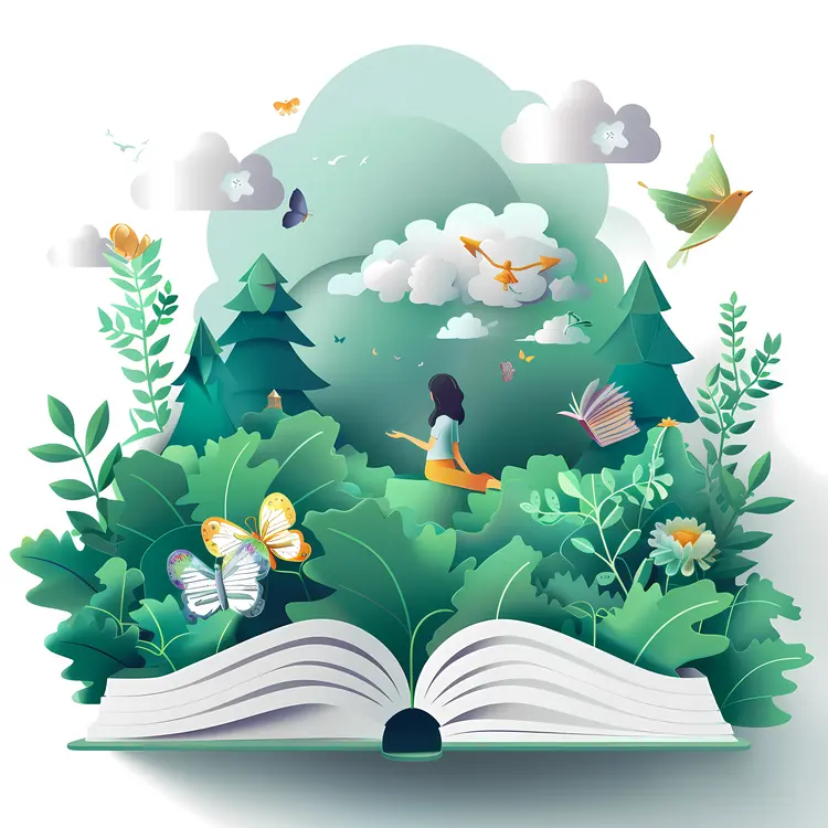 Open Book with Nature and Birds Illustration