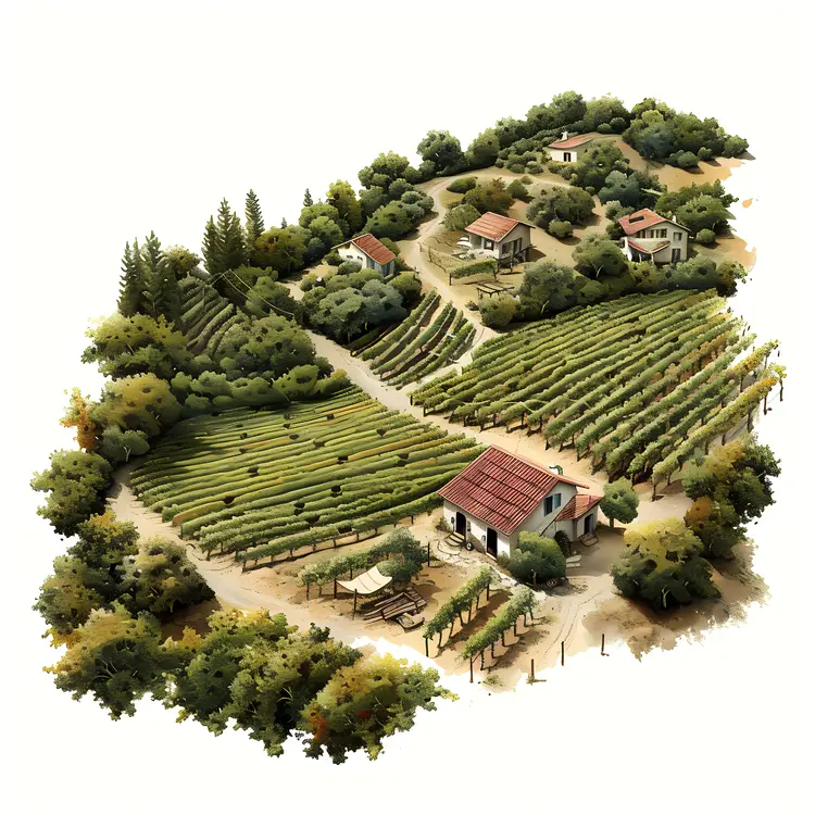 Vineyard with Small Houses and Trees