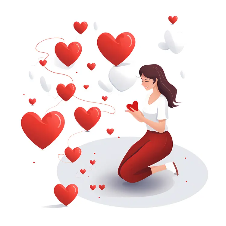 Woman Kneeling with Red Hearts