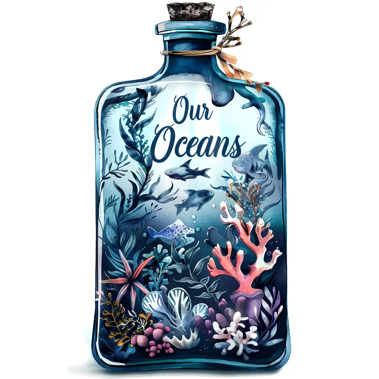 Our Oceans Illustration with Marine Life in a Bottle