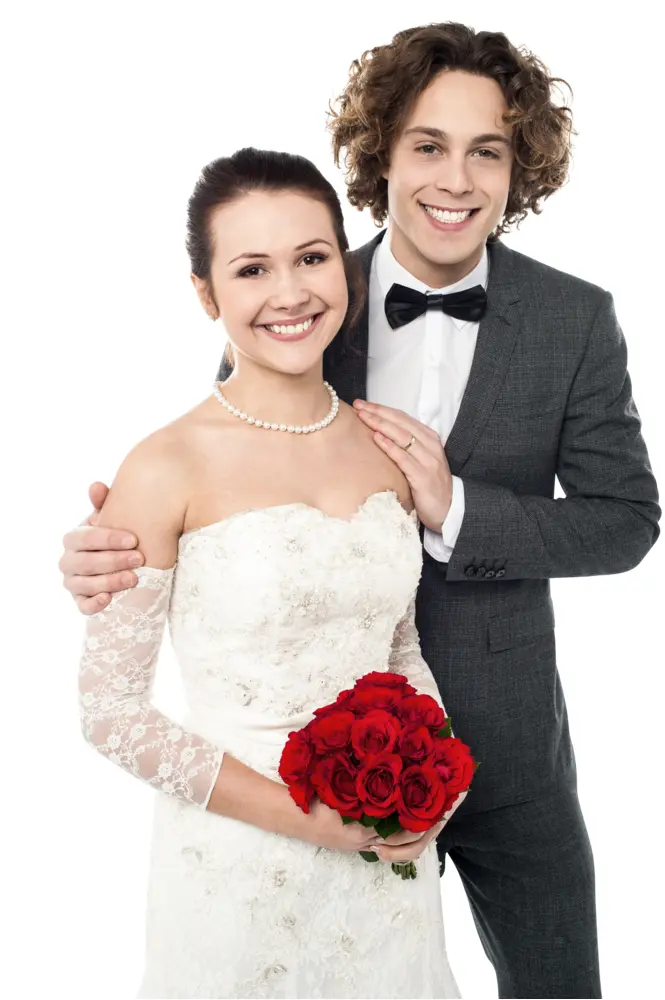 Smiling Bride and Groom in Wedding Attire