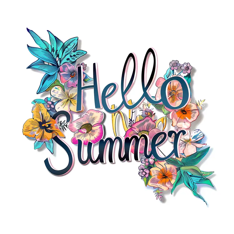 Hello Summer Text with Colorful Flowers