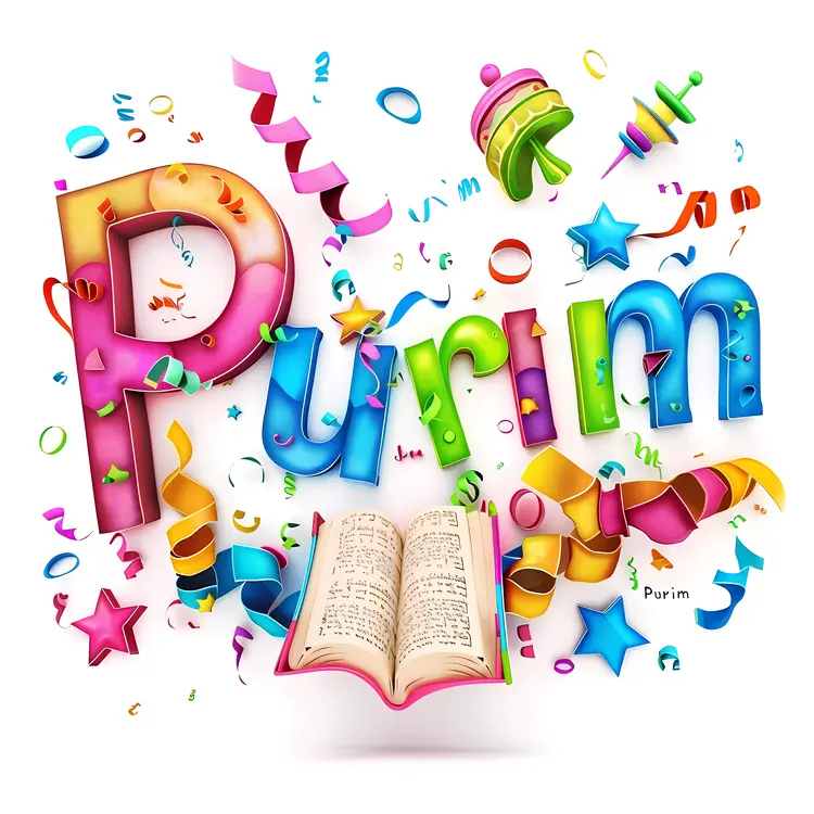 Purim Festival with Open Book and Colorful Decorations