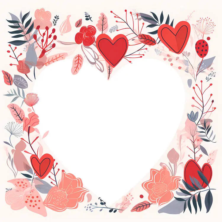 Heart Shape Frame with Red Hearts and Flowers