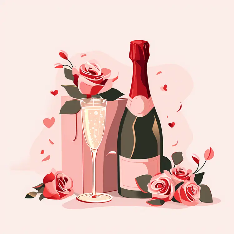 Champagne Bottle and Roses with Glass