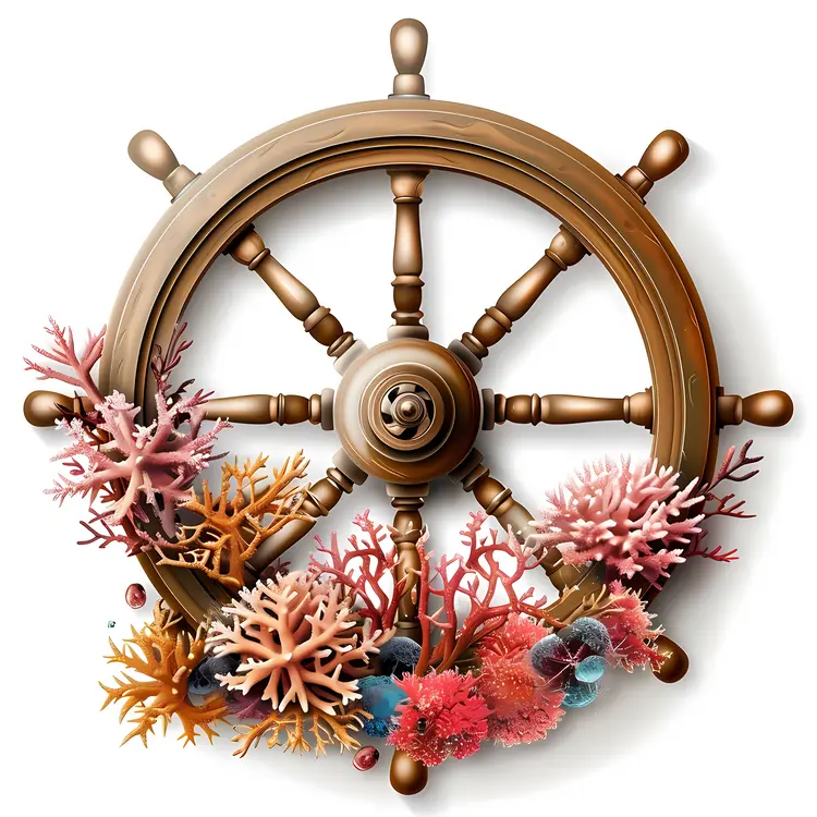 Bronze Ship Wheel with Coral