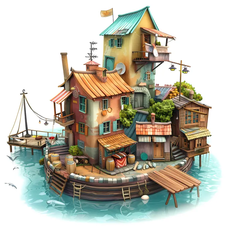 Small Cute Doodle Houses on Circular Platform