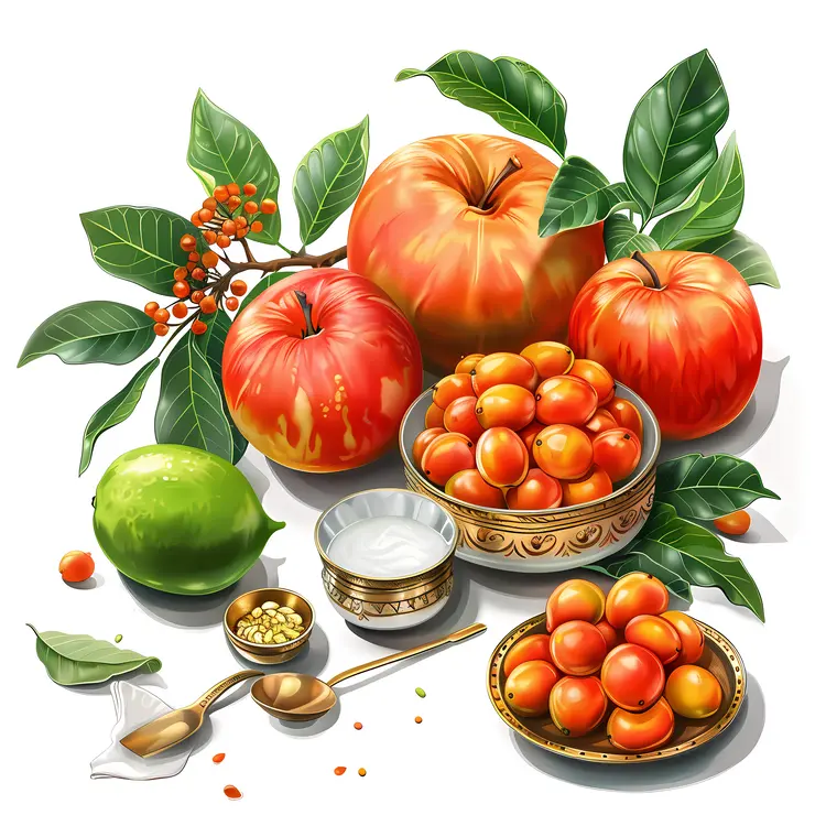 Fruits and Sweets with Apples and Bowls