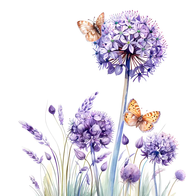 Purple Flowers and Butterflies in Bloom