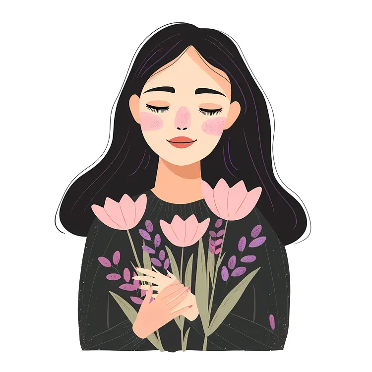 Peaceful Girl Holding Tulips