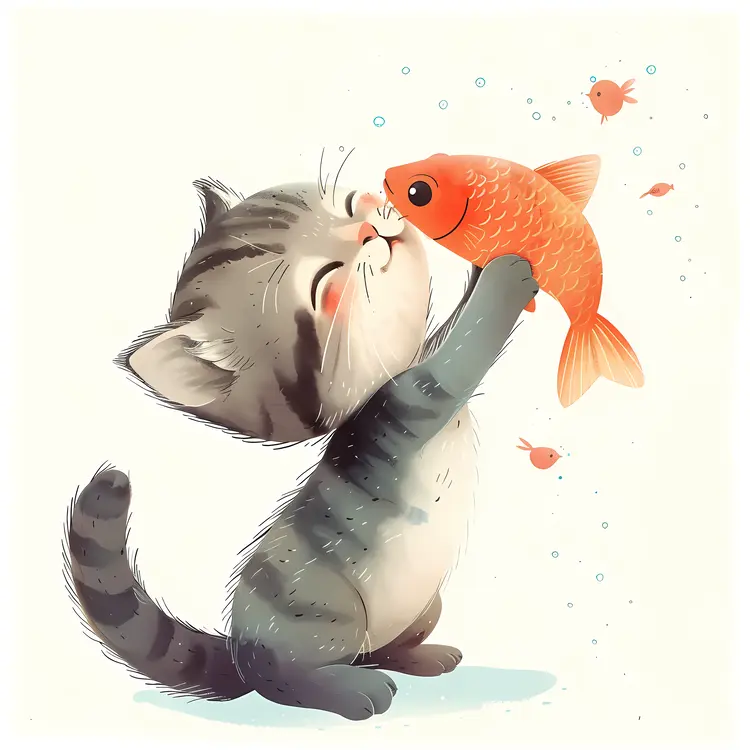 Cute Kitten Playing with Goldfish