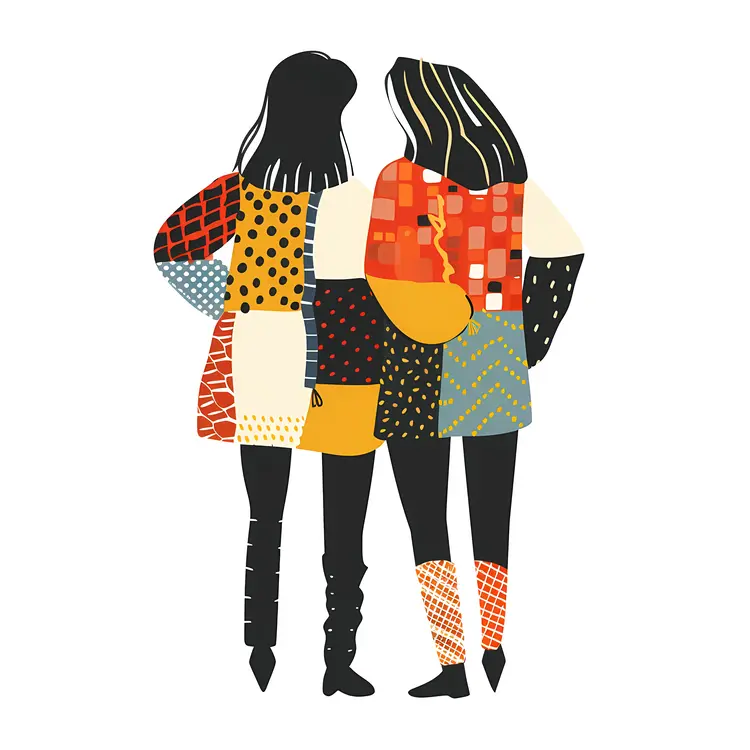 Two Women Standing Together in Patchwork Clothing