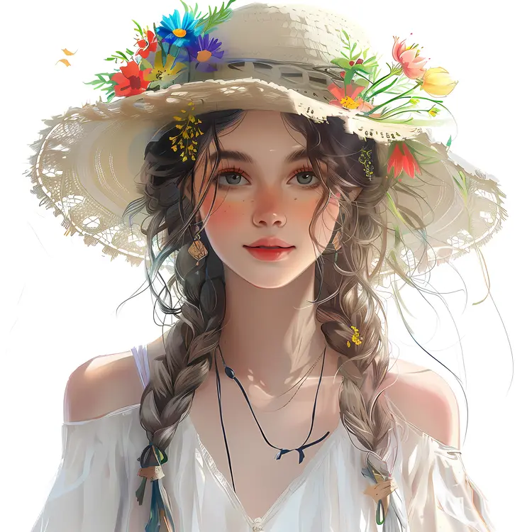 Beautiful Girl with Flower Hat Illustration