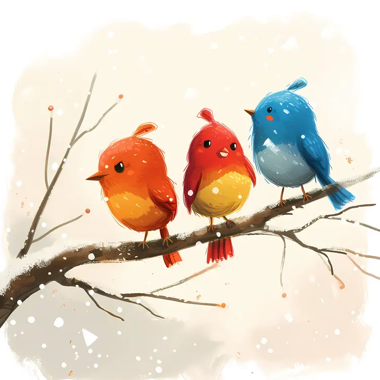 Three Cute Cartoon Birds on a Branch