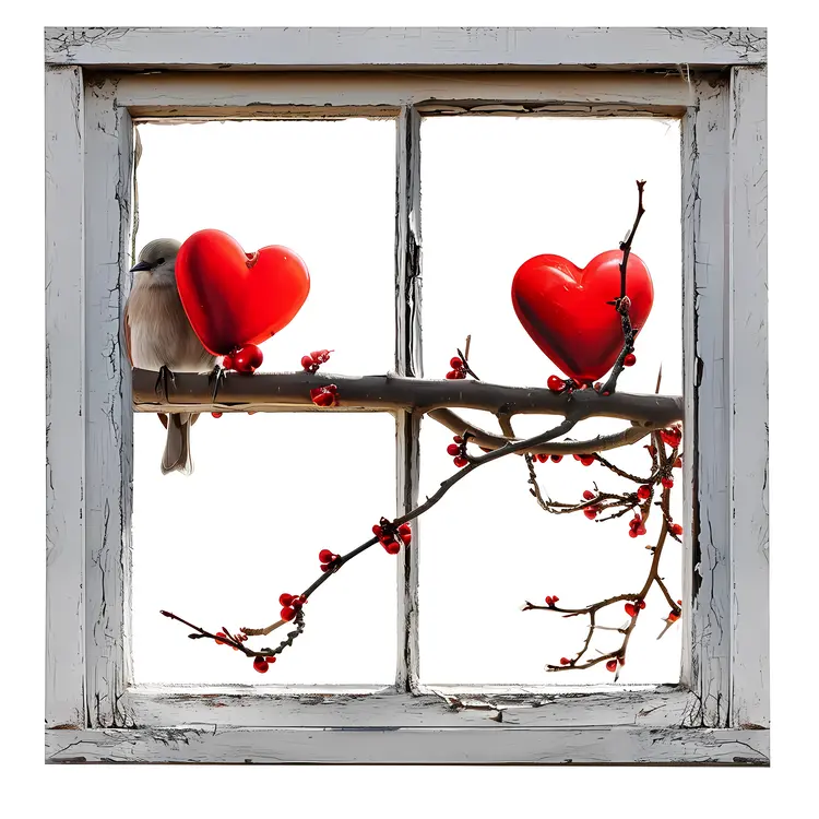 Rustic Window with Red Hearts and Bird