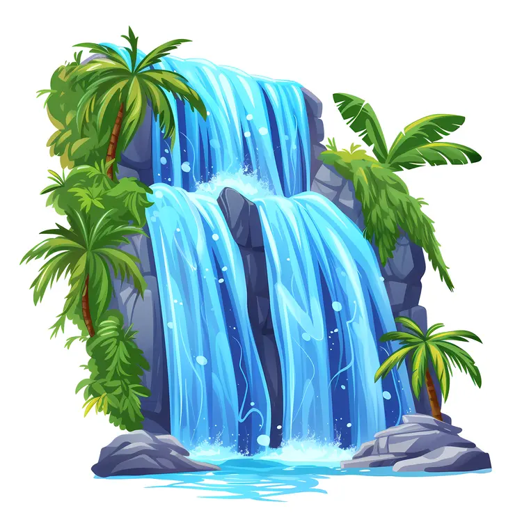 Tropical Waterfall with Palm Trees