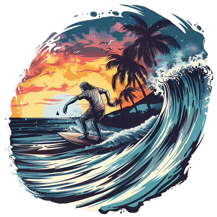 Surfer Riding a Wave at Sunset