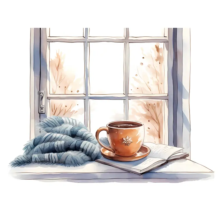 Orange Mug with Blanket and Book by Snowy Window