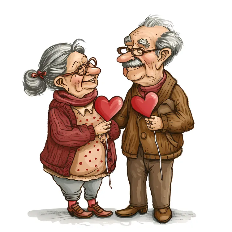 Elderly Couple with Heart Balloons Illustration