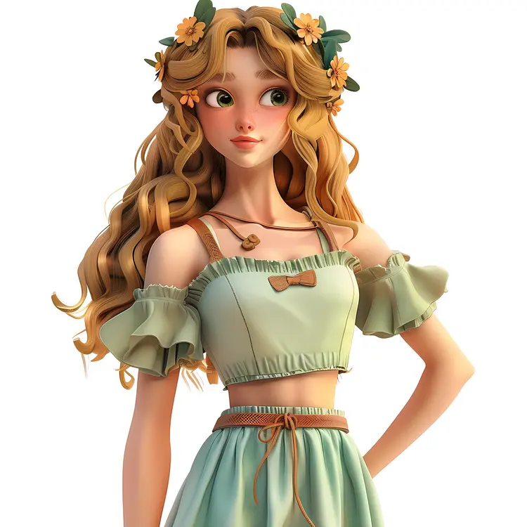 Smiling Girl with Flower Crown and Curly Hair
