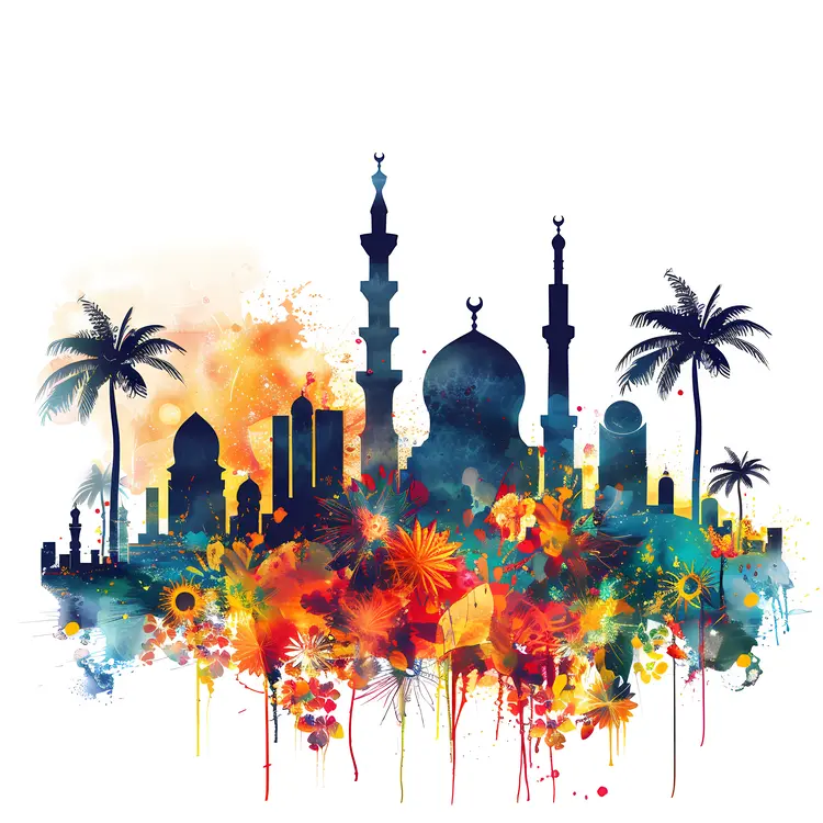 Colorful Mosque Silhouette with Palm Trees and Flowers