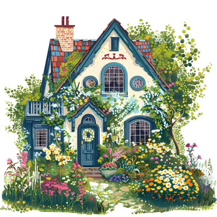 Blue House with Vibrant Garden