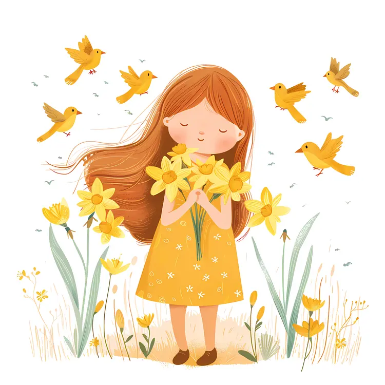 Girl with Yellow Flowers and Birds