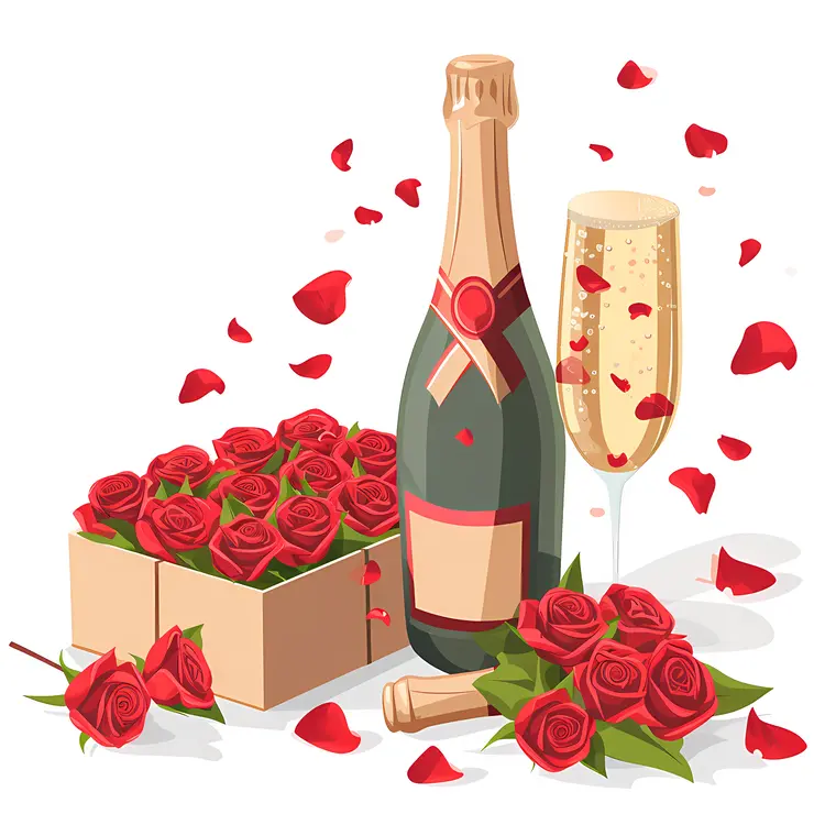 Champagne Bottle and Roses with Glass
