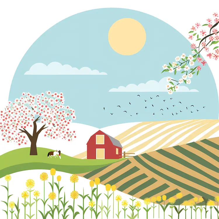 Sunny Farm Landscape with Barn and Fields