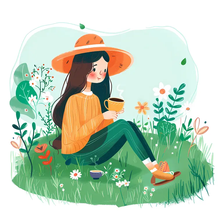 Girl with Hat Drinking Tea in a Garden