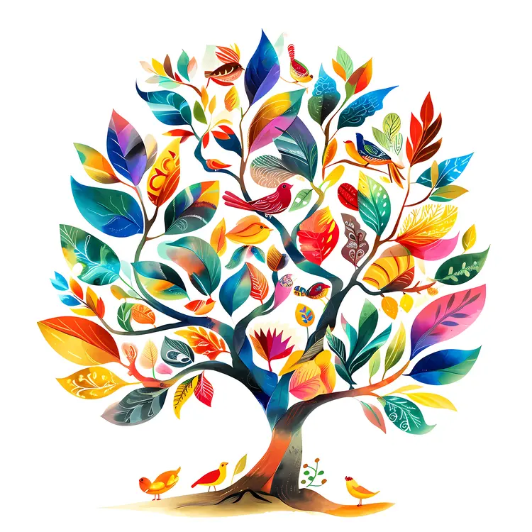 Colorful Tree with Birds