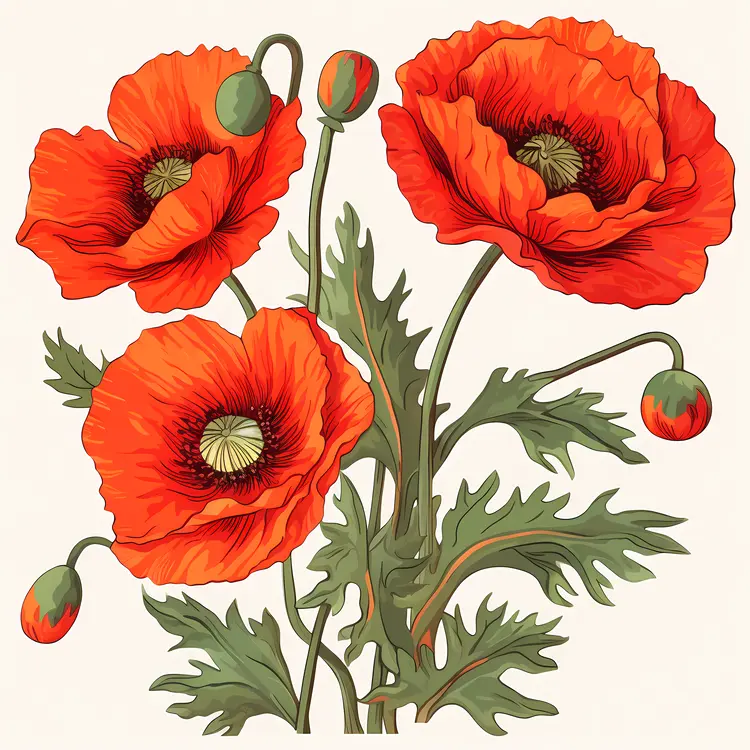 Red Poppies with Green Leaves and Buds