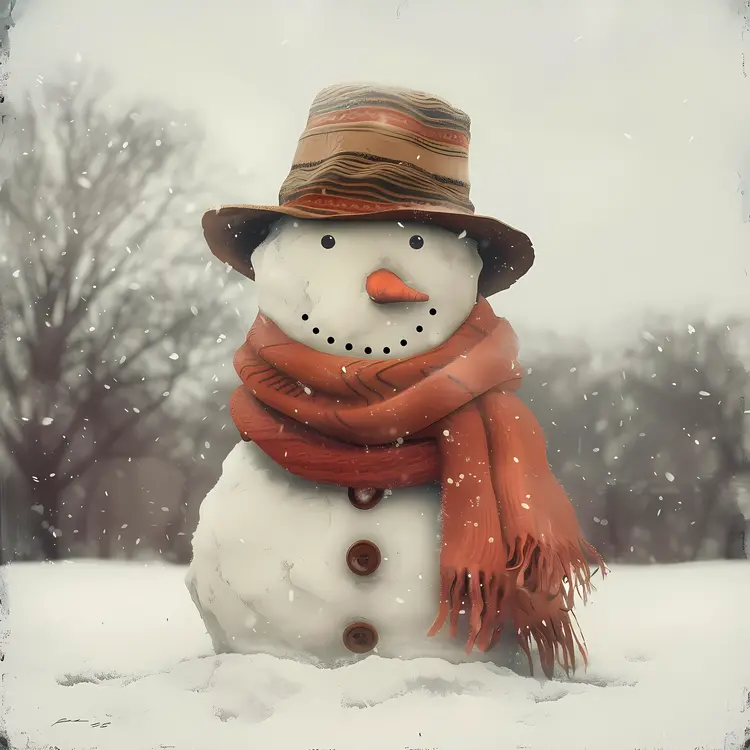 Snowman with Hat and Scarf in Winter Wonderland