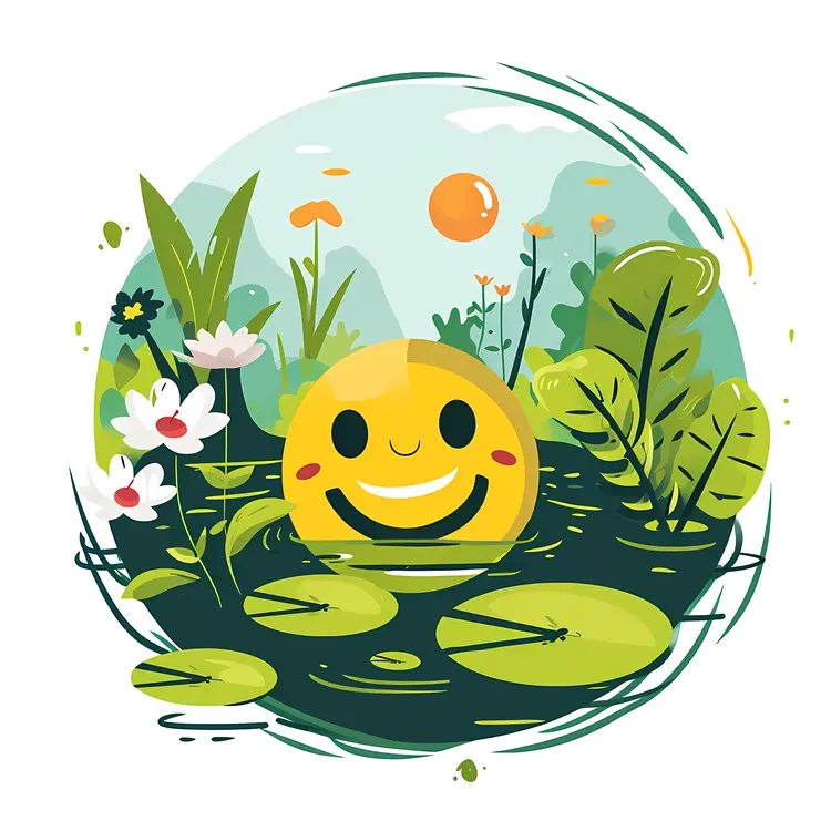 Happy Earth Cartoon with Lily Pads and Flowers
