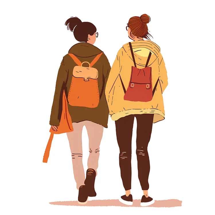 Two Women Walking with Backpacks
